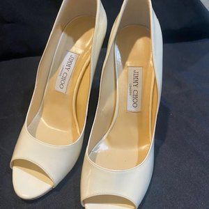 Jimmy Choo Cream Peep Toe Pump - Patent Leather Wedge